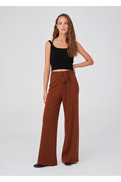 Peraluna Boru Paça Yüksek Bel Kadın Triko Pantolon - Kahve