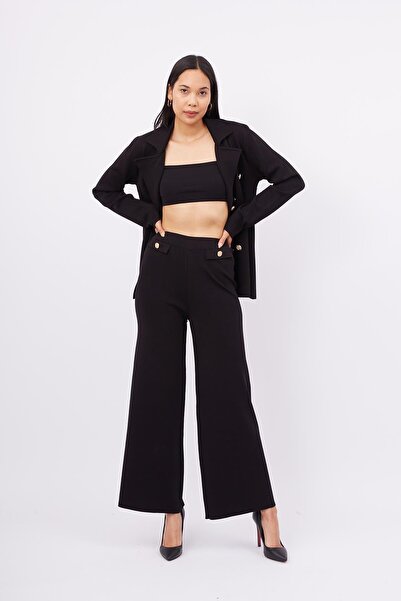 Peraluna Peraluna MARLENE Black Knitwear Trousers - Comfortable Cut, Button Detailed
