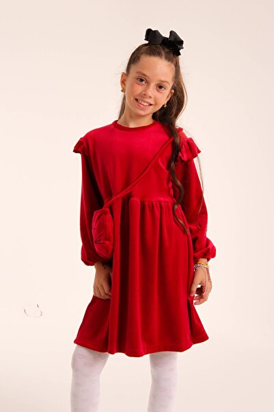 Perendi Kedi Desenli Çantalı Kız Çocuk Kadife Elbise Kırmızı