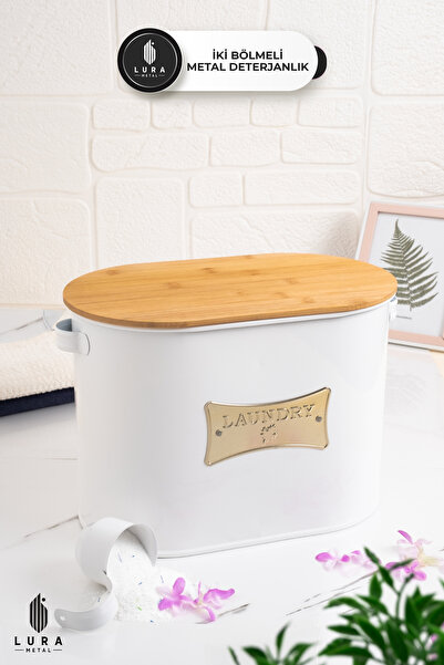 Lura Metal İki Bölmeli Beyaz 12 Lt Bambu Kapaklı Metal Deterjan Tablet Saklama Kutusu - Banyo Düzenleyici