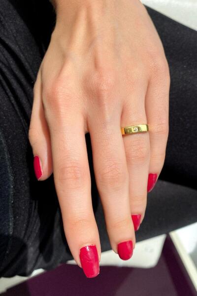 Spossy Silver Jewelry 925 Ayar Gümüş, Gold, Tek Taşlı Zarif Yüzük