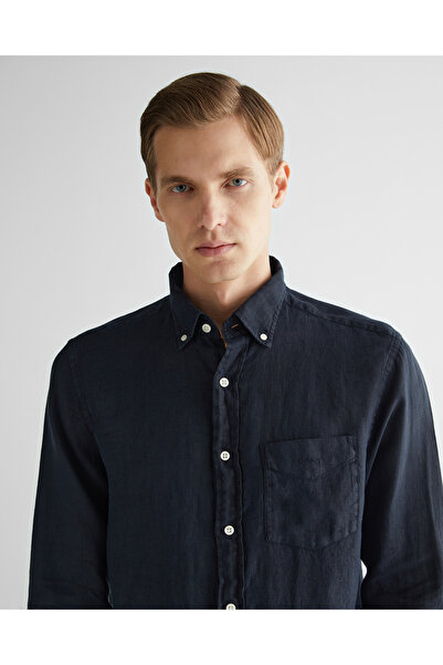 Gant Erkek Siyah Regular Fit Düğmeli Yaka Keten Gömlek