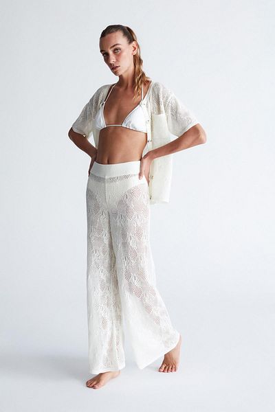 Peraluna Emma Wide Midi Knitwear Trousers - Lace Patterned, Braided Ecru Women's Trouser