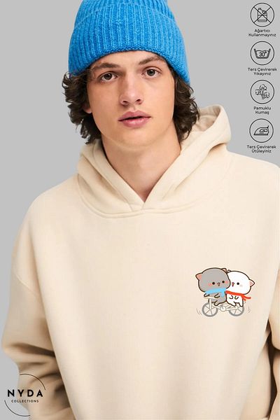 Nyda Collections Unisex μακρυμάνικο φούτερ - Bubu Dudu Bicycle printed, φούτερ με κουκούλα, βαμβακερό oversize
