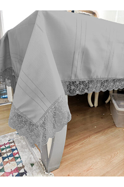 Çt Çeyizci Tekstil مفرش طاولة دانتيل مخطط رمادي - كولبر 160x220 سم