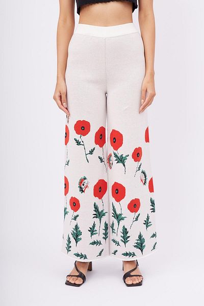 Peraluna Pantaloni de damă din bumbac organic cu model mac - Ecru
