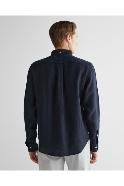 Gant Erkek Siyah Regular Fit Düğmeli Yaka Keten Gömlek