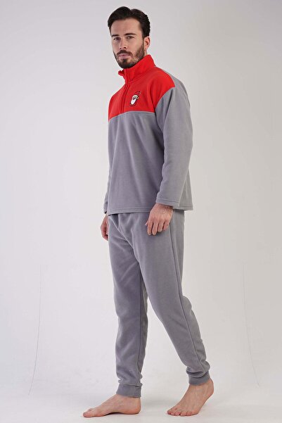 VİENETTA Men's Long Sleeve Fleece Gray Pajamas Set C2T8N1O303