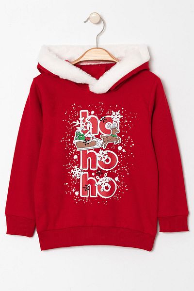 Beniizle Christmas Printed Christmas Themed Hooded 2 String Ribbed Children's Sweatshirt