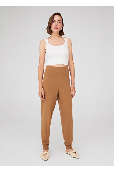Peraluna Yüksek Bel Dar Paça Kaşmir Karışım Fit Kadın Triko Pantolon - Camel