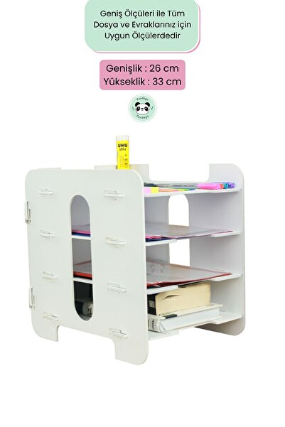 Pandogo Masaüstü Ahşap Dosya Düzenleyici A4 Evrak Rafı Dosyalık Beyaz Renk Model 1