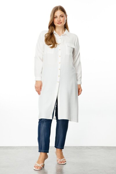 Moda İlgi Modailgi  Cep Kapaklı Keten Tunik Ekru