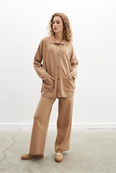 Peraluna Denise Comfortable Cut Cotton-Wool Women's Knitwear Trousers - Camel