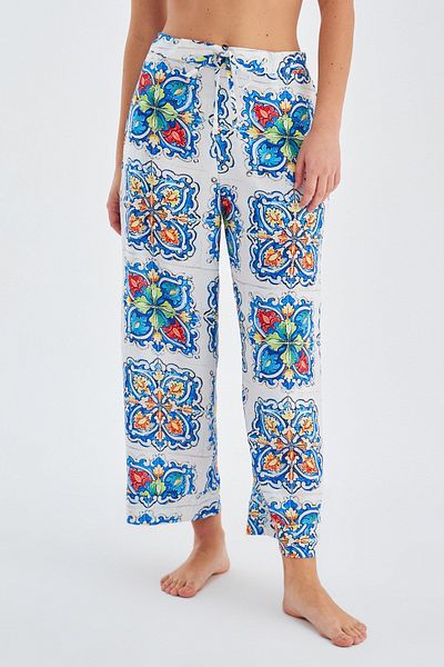 Peraluna Ria Trouser Tile Patterned Loose Cut Summer Satin Women's Trousers - Multi Color
