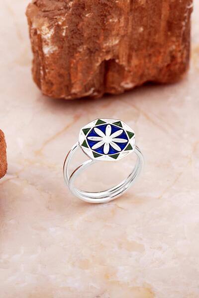 Sümer Telkari Anadolu Motifli Elişi Mineli Gümüş Çiçek Yüzük 3762