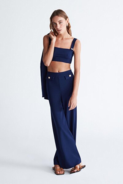 Peraluna Styleboom X Marlene Trouser Düğme Detaylı Rahat Kesim Kadın Triko Pantolon - Lacivert