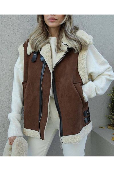 Moda Mix Avcılar Pelzige Wildleder-Look-Weste für Damen