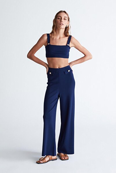 Peraluna Styleboom X Marlene Trouser Düğme Detaylı Rahat Kesim Kadın Triko Pantolon - Lacivert