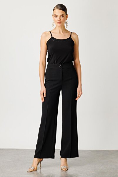 Moda İlgi Чорні блискучі штани Modailgi 7569 з жакардовою стрічкою