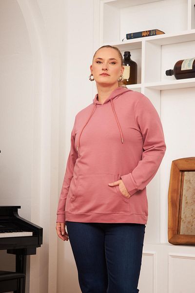 RMG Dried Rose Patterned Large Size Hooded Sweatshirt