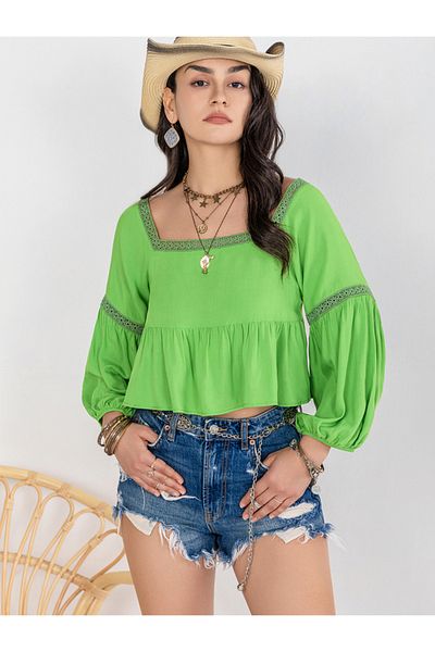 Russty Dustty By Styli Square Neck Lace Detail Top with Volume Sleeves