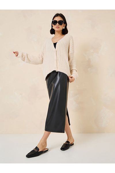 Styli Short Length Fuzzy Knit Button Down Cardigan