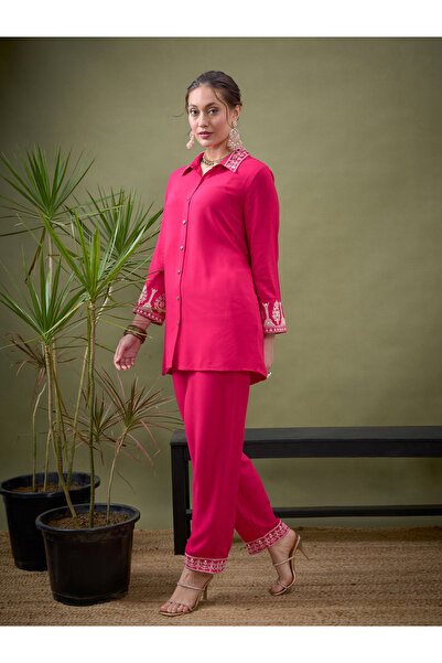 Sassafras By Styli Embroidered Collar Shirt with Long Sleeves & Pants Co-Ord