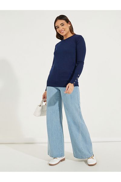 Styli Slim Fit Round Neck Sweater with Button Cuff Detail