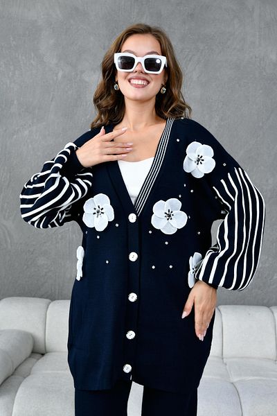Miss Allos Women's Front Flower and Stone Decorated Sleeves Striped Knitwear Cardigan and Trousers Set
