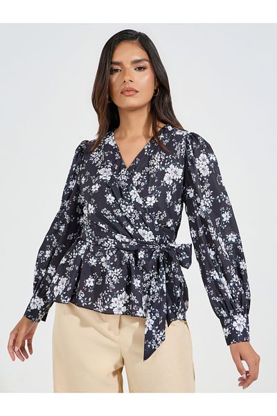 Styli Floral Print Wrap Top with Volume Cuffed Sleeves