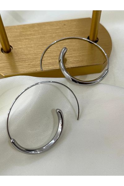 YASİN TOPÇU Steel Silver Stylish Marginal Spinning Hoop Earrings