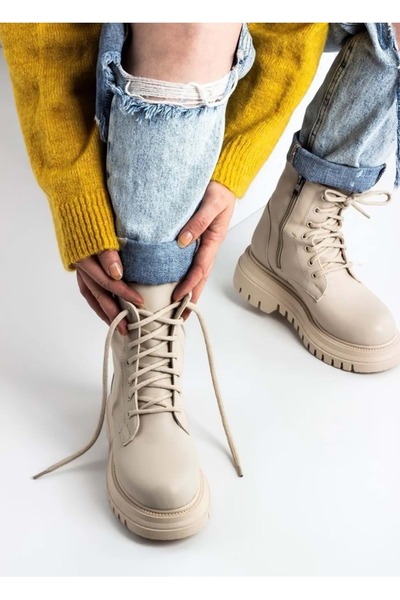 KOCAMANLAR Feles Kalın ve Yüksek Taban Günlük Bot Kadın Postal Bot BEJ