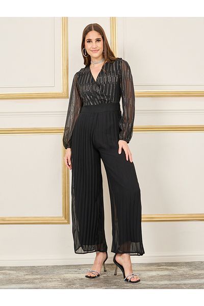 Styli Embellished Pleated Wide Leg Jumpsuit