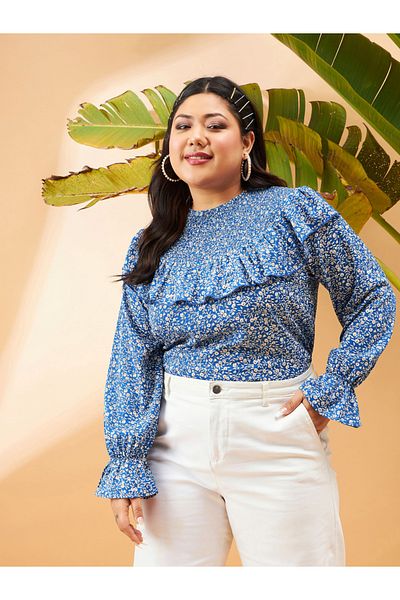 Sassafras By Styli Plus Floral Print Smocking Detail Frill Top