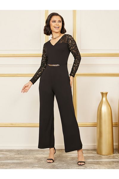 Styli Chain Detail Lace Sheer Sleeves Wide Leg Jumpsuit
