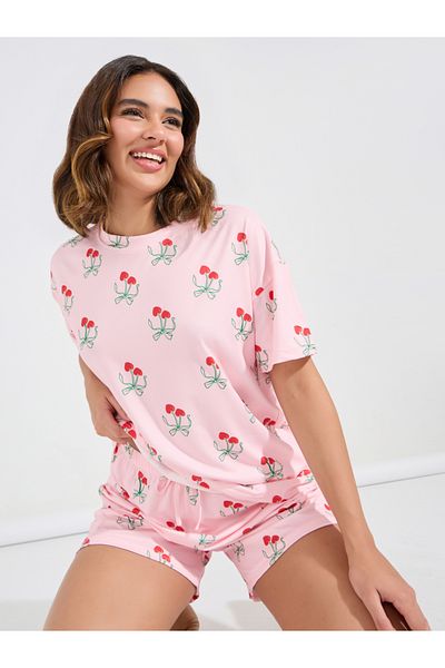 Styli AOP Cherry Drop Shoulder T-Shirt & Short Set