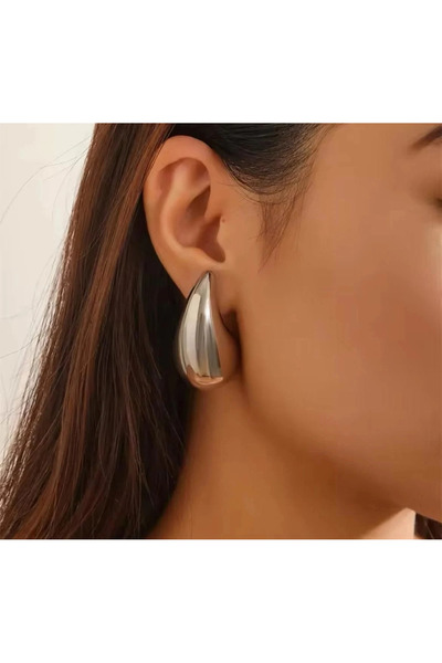 YASİN TOPÇU Steel Silver Silver Color Water Drop Shaped Earrings