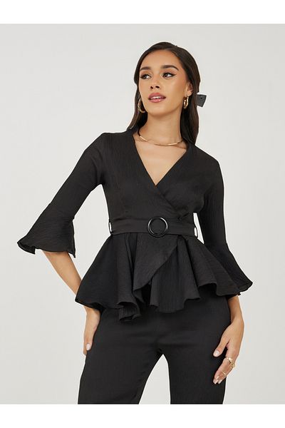 Styli V Neck Belted Peplum Top & Bootcut Pants Co-Ords