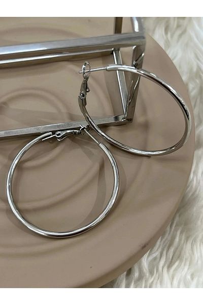 YASİN TOPÇU Steel Silver Large Hoop Earrings