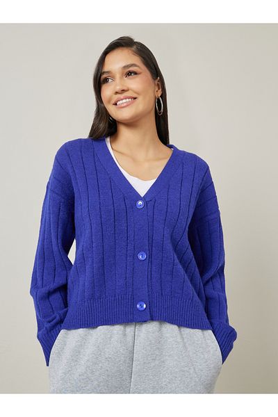 Styli Boxy Fit Ribbed Button Through Cardigan