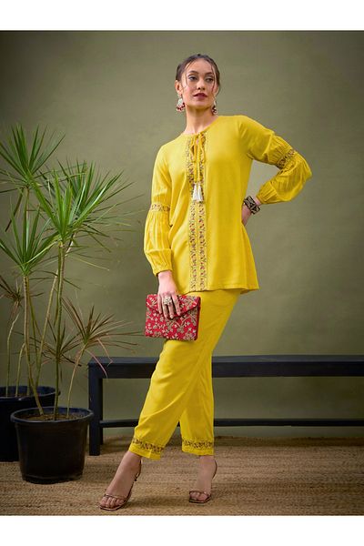 Sassafras By Styli Embroidery Detail Top with Tassel & Pants Co-Ord