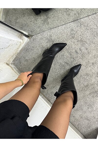 MYVOLANTE Valódi bőr fekete női cowboy csizma