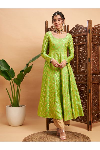 Sassafras By Styli Floral Foil Print Brocade Anarkali Maxi Kurta