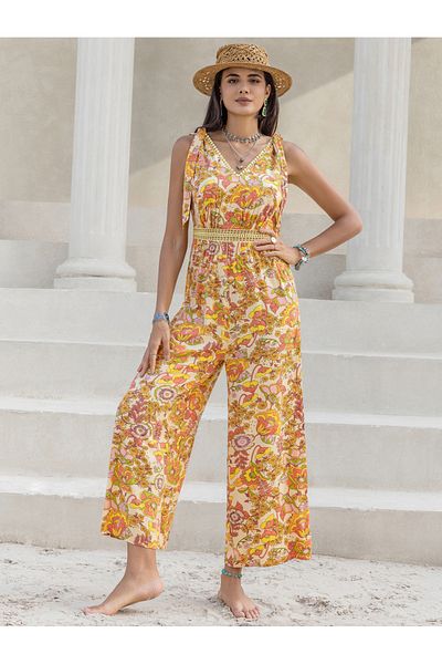 Russty Dustty By Styli Floral Print Wide Leg Lace Detail Jumpsuit