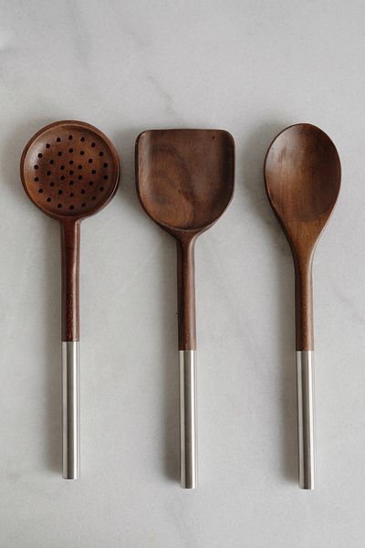 Dekorzdükkan Lenora 3-Piece Acacia Spoon Set with Metal Handle - One Size Dkrz-567