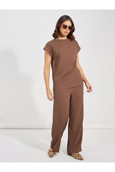 Styli Side Ruched Cap Sleeves Top & Straight Leg Pants Co-Ords