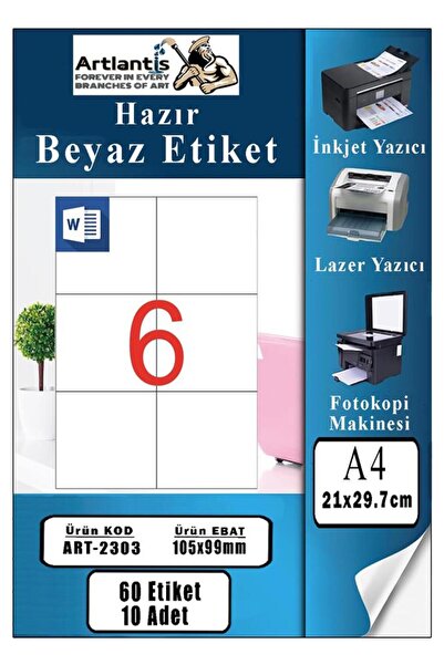 Artlantis A4 Hazır Etiket 105x99 mm 10 Sayfa 1 Paket 6 lı Kendinden Yapışkanl...