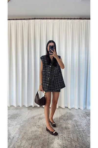 HAZELANNA Navy Blue Premium Tweed Skirt-Vest Set