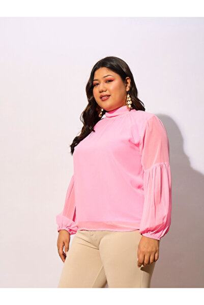 Sassafras By Styli Plus High Neck Top with Bishop Sleeve