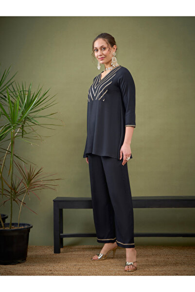 Sassafras By Styli Embroidered V Neck A-Line Top & Wide Leg Pants Co-Ord